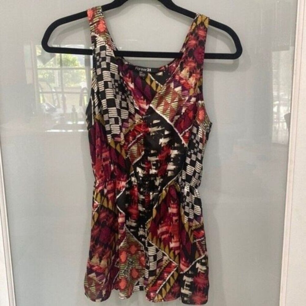 Forever 21 Women's Red Black Geometric Print F21 Peplum Tank Top Sz Small